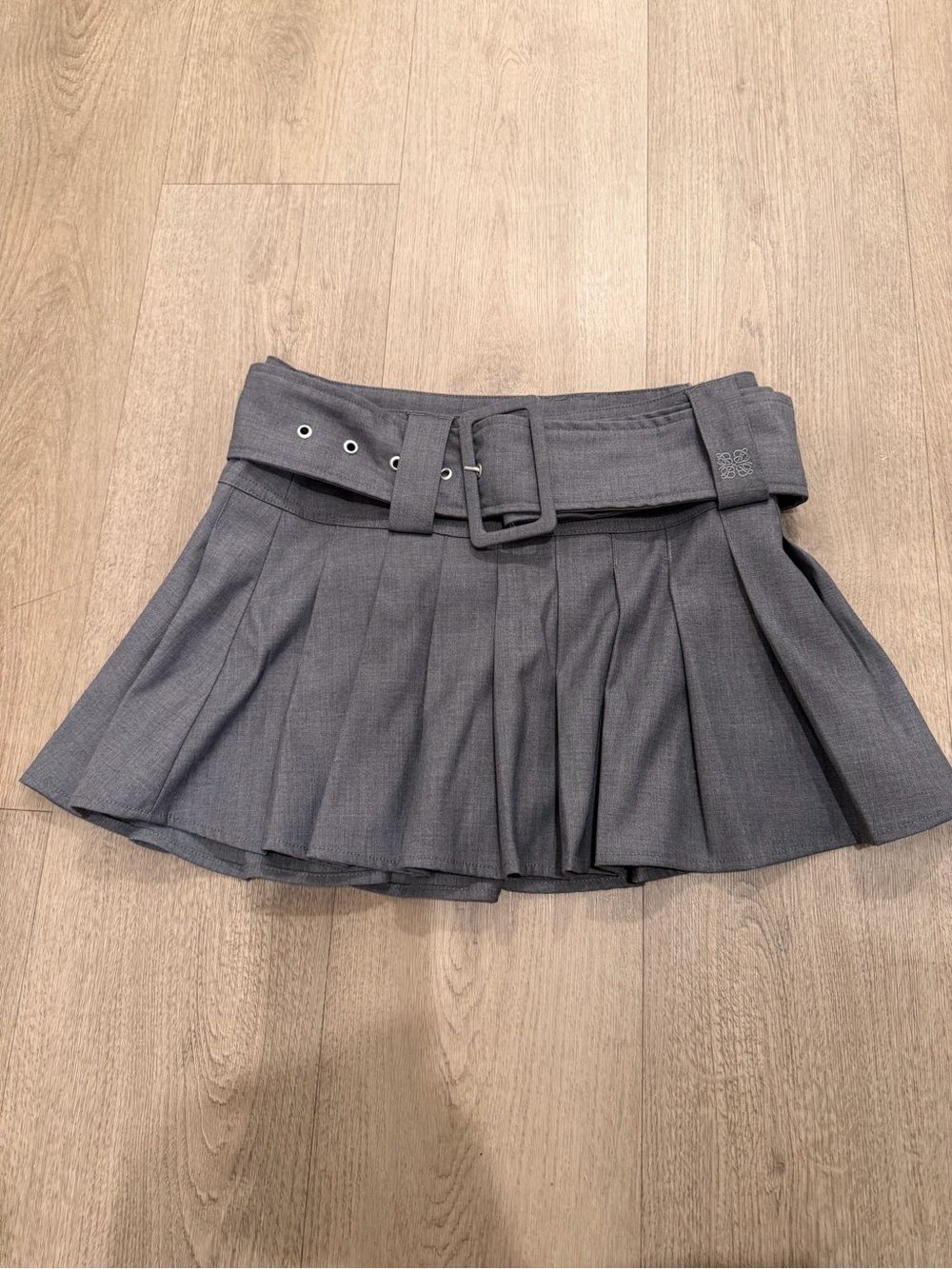 LOEWE Dark Grey Pleated Belted Mini Skirt Size XS